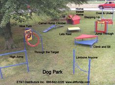 there are many different types of dog park equipment in the yard with names on them