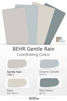 the behr gentle rain coordinating colors are available in various shades and sizes, including grays