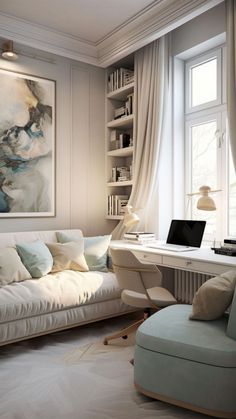 a living room filled with furniture and a painting on the wall over a white desk