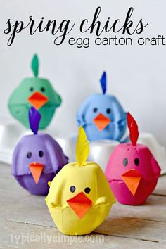 egg carton chicks made from toilet paper and colored eggs with text overlay that reads, how to make an egg carton chicks