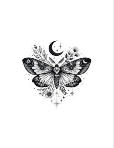 Symmetrical Moth Tattoo, Liner Moth Tattoo, Butterfly Celestial Tattoo, Night Moth Tattoo, Beautiful Moth Tattoo, Moons And Stars Tattoos, Nova Tattoo Ideas, Celestial Art Tattoo, Moth With Moon Tattoo