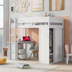 a white loft bed with desk underneath it