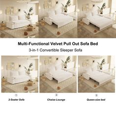 four different views of a living room with white couches and pillows on the floor