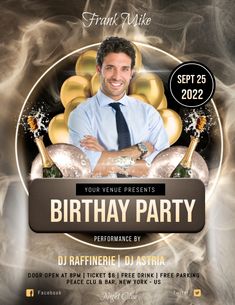 a flyer for a birthday party with a man in a tie and fireworks on the background