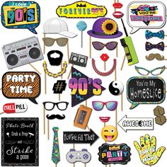 an assortment of birthday party photo props including cake toppers, signs and stickers