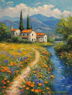 an oil painting of a country house and flowers by a stream with mountains in the background