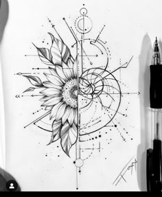 a drawing of a sunflower with geometric shapes and lines on the back of it