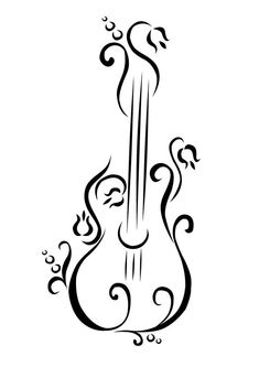 a black and white drawing of a guitar with swirls on the body, in an artistic manner