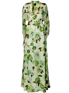 pistachio green silk all-over floral print cape design ruffled detailing mock neck concealed rear zip fastening fitted waistline full skirt straight hem floor-length Motb Dress, Silk Dress Green, Erdem Dress, Skirt Straight, Cape Designs, Pistachio Green, Green Silk, Full Skirt, Pistachio