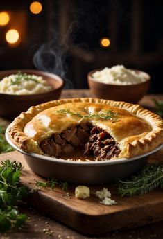 a beef pot pie with mashed potatoes and gravy on a cutting board