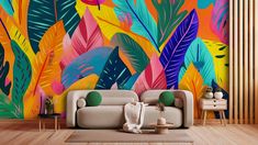 a living room with colorful tropical wallpaper and furniture in front of the large mural