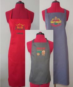 three aprons with different designs on them, one is red and the other is grey