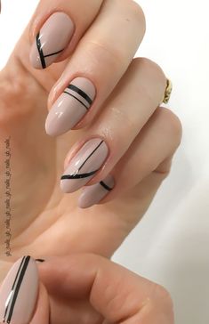 Easy Line Nail Art, Black Nude Nail Designs, Nude Nails With Black Design, Geometric Nail Designs, Line Nail Designs, Classy Almond Nails, Light Purple Nails, Line Nail Art, Nail Art Simple