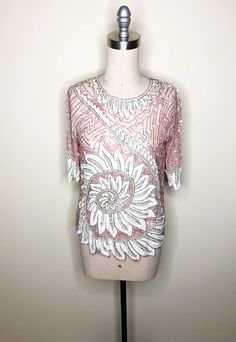 Beaded Top Pink Beaded Sequin Silk Top Embellished Top | Etsy Pearl Embroidered Evening Top For Spring, Spring Evening Top With Pearl Embroidery, Pink Embellished Evening Tops, Glamorous Beaded Tops For Spring, Fitted Embellished Pink Tops, Pink Lace Top For Party, Feminine Embellished Top For Wedding, Summer Party Pink Lace Top, Summer Party Blouse With Pearl Embroidery