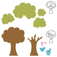 trees and birds are shown in the shape of an outline on a white background with green leaves