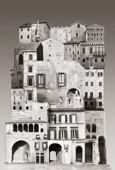 a black and white photo of an old building with lots of balconies on top