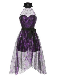 [Pre-Sale] 2PCS Black & Purple 1950s Spiderweb Mesh Romper & Skirt Cov | Retro Stage Purple Womens Outfits, Gothic Purple Dress For Costume Party, Cute Purple Halloween Dress, Black And Purple Goth Outfit, Black And Purple Vintage Dress, Dark Purple Gothic Dress, Romper Skirt, Purple And Black Dress, Pride Badges