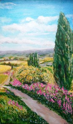 an oil painting of flowers and trees on a sunny day in the countryside with a path going through them