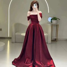 Pretty A line Off The Shoulder Burgundy Satin Long Prom Dresses Party Evening Dress C3790 Engagement Dress For Women, Engagement Dress, Woman Wine, Engagement Dresses