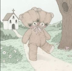 a drawing of two teddy bears walking down a path in front of a tree and house