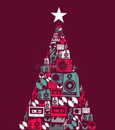 a christmas tree made up of various musical instruments and music equipment, with a star on top