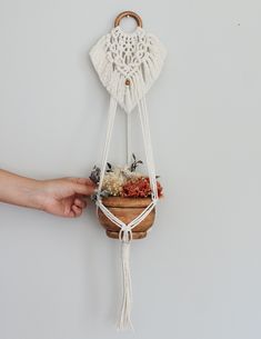 a hand holding a macrame planter with flowers and leaves in it on a white wall