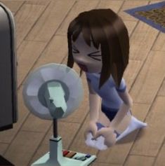 an animated woman sitting on the floor next to a fan and computer monitor with her mouth open