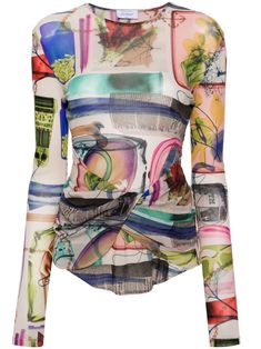 multicolour tulle netting semi-sheer construction all-over graphic print twist detailing round neck long sleeves high-low hem Off White Clothing, Tulle Top, Crewneck Design, X Ray, World Of Fashion, T Shirt Top, Fashion Games, Graphic Prints, High Low