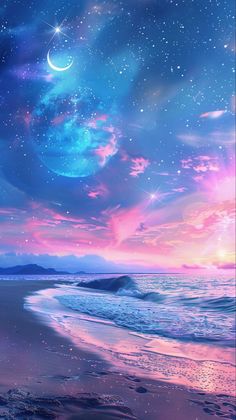 the sky is filled with stars and clouds as the sun sets over the ocean in this painting