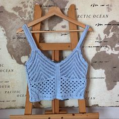 Measurements - Chest: Inches - Length: Inches - Sleeves: Inches Blue Cotton Crochet Top For Summer, Light Blue Knit Top For Summer, Blue Knit Tops For Summer, Casual Blue Knit Crop Top, Beach Blue Knit Crochet Top, Blue Crochet Summer Crop Top, Blue Knit Crochet Top For Beach, Blue Crochet Top For Vacation, Blue Knitted Crochet Top For Vacation