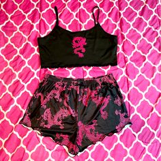 Nwot Pink Dragon Pajama Set Super Soft And Fresh Material Really Cute Colors Mark As Size Xl But Fits More Like A L Offers Always Welcome Black Sleeveless Set For Pajama Party, Sleeveless Black Pajama Party Set, Sleeveless Black Set For Pajama Party, Black Summer Sets For Sleepover, Black Summer Sleepover Sets, Pink Printed Sleeveless Set, Black Tops For Summer Sleepover, Halloween Pajama Pants, Pink Pajama Pants