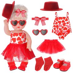 a baby doll wearing red and white outfit with heart - shaped sunglasses, hat, booties, and socks