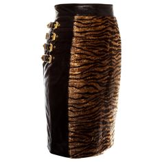 Gianni Versace black leather pencil skirt with multiple signature gold buckles on each side. Animal print at the front. Fall-Winter 1994 Luxury Fitted Gold Skirt, Christophe Decarnin, Glam Rock Style, Versace Skirt, White Cotton Skirt, Buckle Skirt, Printed Silk Skirt, Black Leather Pencil Skirt, Imvu Outfits Ideas Cute