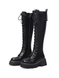 Take your cold-weather style game to new heights with this boot that travels knee high. Laces let you fine-tune the fit. 2.75'' heel 15.2'' circumference 16.7" Shaft Lace up & zip closure Genuine leather upper Leather lining Leather midsole Leather insole Polyester sole Shipping note: Custom made-to-order it takes extra 3 days for shipping. Cold Weather Goth Outfits, Physical Manifestation, Knee High Combat Boots, Black Lace Boots, Pokemon Bead, Black Leather Knee High Boots, Goth Boots, Alternative Style, Black Knee High Boots