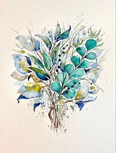 a watercolor painting of blue flowers and leaves