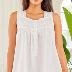 This soft 100 percent cotton poplin nightgown for women from Alexander Del Rossa is comfortable, durable, and classy. Made from a premium 100% cotton fabric, this women's vintage looking nightgown is breathable and easy on the skin. Designed with you in mind, this victorian nightgown is perfect for lounging around the house - even when guests are present. Lace trimmed shoulder straps, wide cotton lace trim on front panel above pintucks and gathered front. Narrow front placket with 8 pearl shell Cotton Camisole Nightgown For Bedtime, White Cotton Camisole Nightgown, White Sleeveless Sleepwear For Home, White Sleeveless Sleepwear, Sleeveless Nightgown For Relaxation, Cotton Camisole Nightgown, Cotton Camisole Nightgown For Sleep, Sleeveless Cotton Nightgown For Bedtime, Sleeveless Cotton Nightgown With Lace Trim