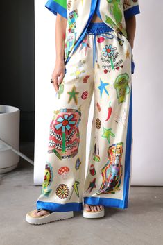 Alémais Roller Pant in Multi Silk Printed Straight Pants, Summer Silk Printed Pants, Silk Wide Leg Printed Bottoms, Printed Silk Wide Leg Bottoms, Chic Silk Printed Bottoms, Chic Silk Printed Pants, Summer Silk Printed Bottoms, Spring Silk Printed Pants, Silk Wide Leg Summer Trousers