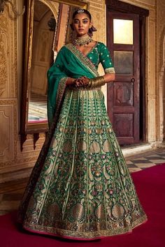 Green attached can-can banarsi lehenga featuring banarasi work all over. Paired with a dori and aari embroidered padded blouse and an embroidered hem dupatta. - Aza Fashions Rajwadi Lehenga, Silk Lehenga, Bridal Gown, Lehenga Choli, Lehenga, Silk, Fabric, Color