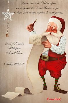 an old fashioned christmas card with santa holding a paper scroll and writing on the side