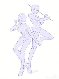 a drawing of two people holding swords in one hand and the other with both hands on their hips