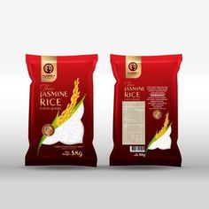 two bags of rice are shown side by side on a white background, with the packaging in