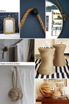 there are many different things in this collage that include rope, mirrors and vases