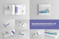 the square book mockup is displayed in multiple photos