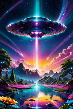 an alien spaceship flying over a lake surrounded by trees and flowers in the night sky