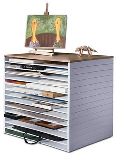 an easel with many books on top of it