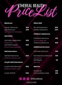 An easy-to-edit price list template for Google Docs. Nails Price List Design, Canva Price List Ideas, Nail Price List Ideas Beginner, Nail Pricing List, Nail Policy Template, Nail Price List Background, Price List Design Nails, Nail Prices For Beginners