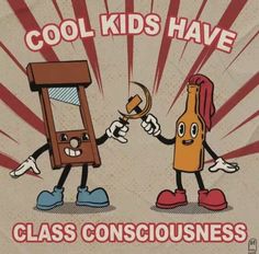 an advertisement for a glass conciousnessary featuring two cartoon characters holding a wine bottle