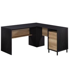 an l shaped desk with two drawers and a black wooden top, viewed from the front