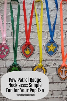 some medals are hanging on a brick wall with the words paw patrol badge necklaces simple fun for your pup fan