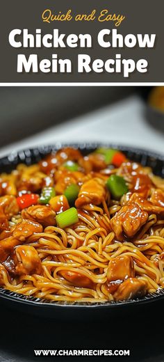 chicken chow mein recipe in a skillet with text overlay